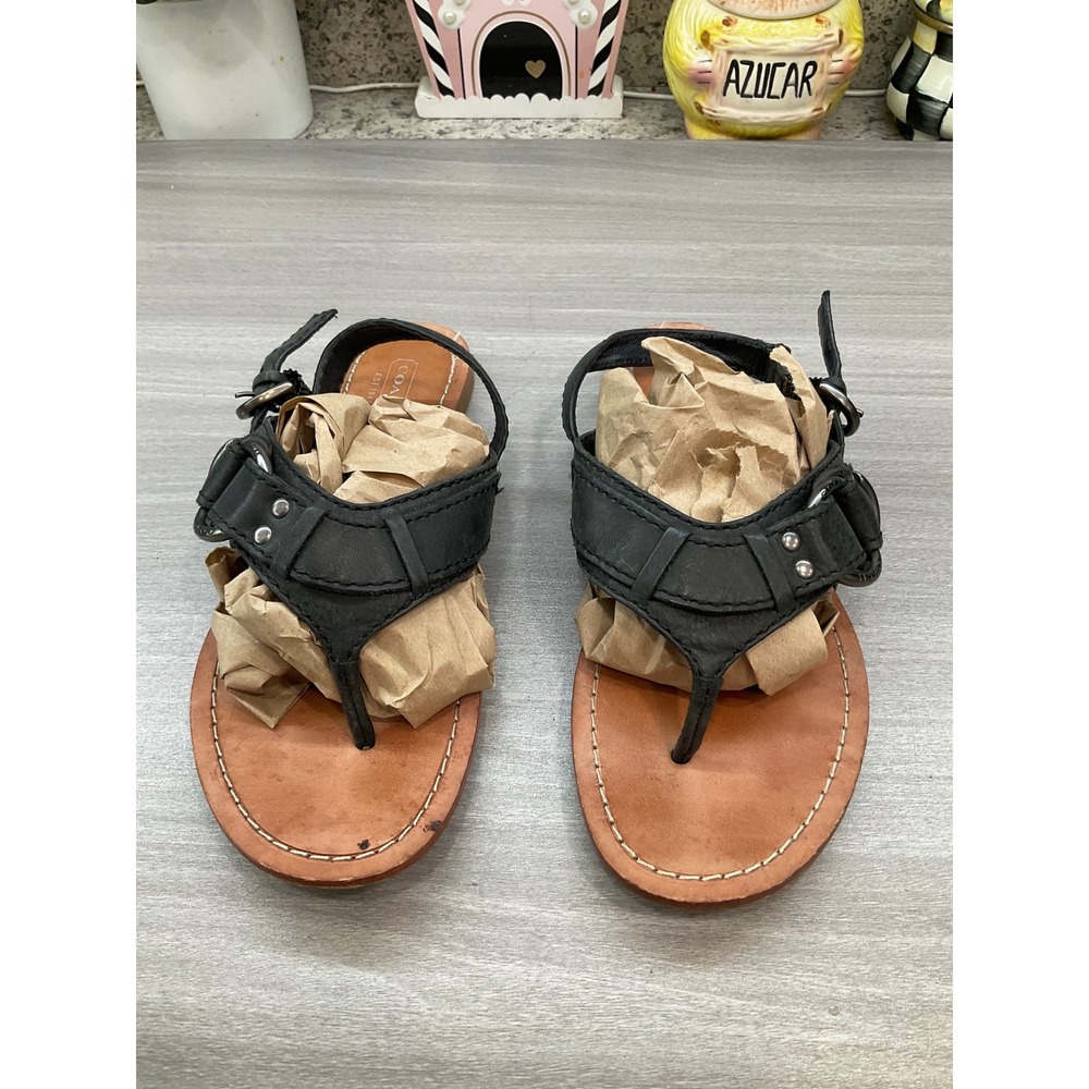 COACH OLYMPIA BLACK LEATHER THONG SANDALS